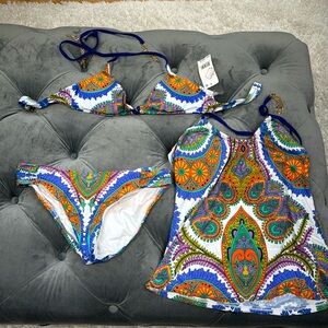 Trina Turk 3 piece swim. NWT bikini top, EUC halter tank and swim bottom.